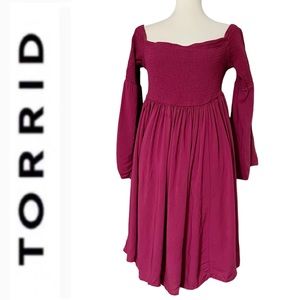 Torrid Plum/Berry Long Sleeve Smocked Off the Shoulder‎ Skater Dress